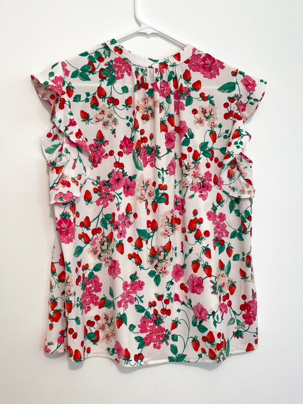 ANN TAYLOR Floral Mixed Media Ruffle Sleeve Tie Neck Shell Top White Strawberry - Picture 14 of 16